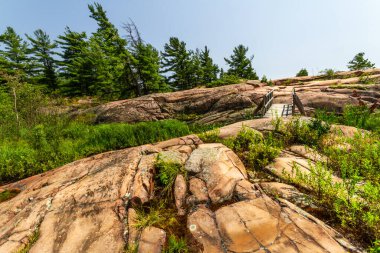 Gürcistan Körfezi kıyısındaki engebeli granit kayaların üzerinde tahta bir yaya köprüsü. Killarney İl Parkı, Ontario, Kanada