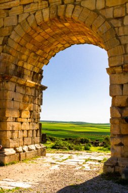 UNESCO mirası. Eski başkent Mauritani 'nin Roma kenti Volubilis' inin engin harabeleri. Meknes bölgesi, Fas, Kuzey Afrika