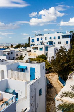 Geleneksel evler, çatı terasları. Tunus yakınlarındaki Sidi Bou Said 'deki Beyaz Madina. Tunus, Kuzey Afrika