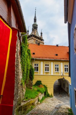 Şehir manzarası. Renkli binaları olan eski bir kaldırım. Arka planda saat kulesi var. Eski Sighisoara kasabası, Transilvanya, Romanya