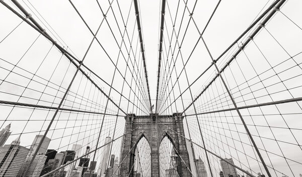 New York, USA. Black and white image of Brooklyn bridge and Manhattan