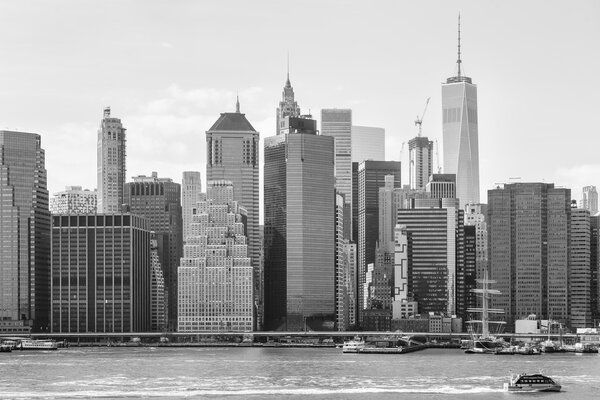 NEW YORK, USA - Apr 27, 2016: Black and white image of Manhattan skyline over East river, New York City