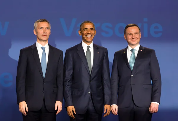 Barack Obama, Jens Stoltenberg och Andrzej Duda vid Natos toppmöte — Stockfoto