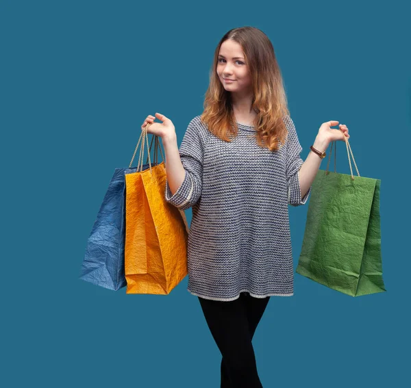 Menina Bonita Nova Com Sacos Compras Imagem Com Espaço Cópia — Fotografia de Stock