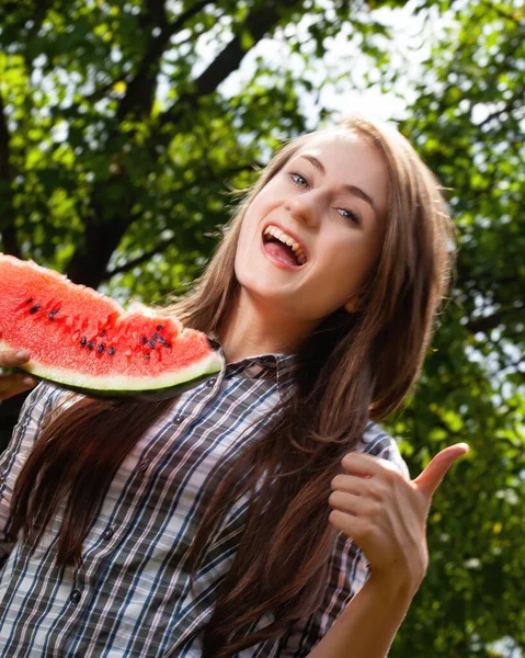 Healthy Food Healthy Lifestyle Concept Young Happy Woman Eating Slice — Stock Photo, Image