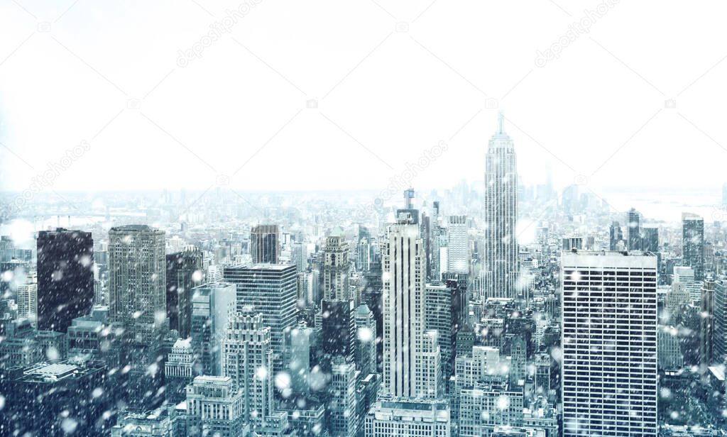 Winter in New York City. Falling snow in NYC. Winter Manhattan in the snowfall