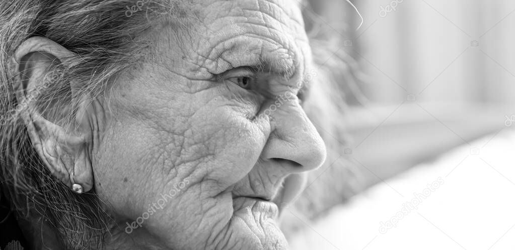 Old woman. Portrait of very old tired woman in depression. Black and white image