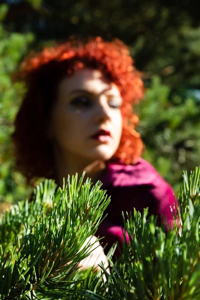 Nature Youth Beauty Concept Portrait Red Haired Young Woman Pine — Stock Photo, Image