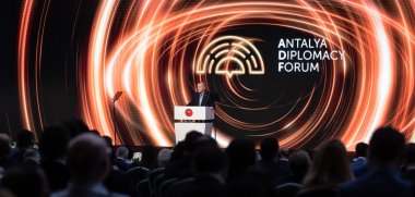 ANTALYA, TURKEY - 19 Haziran 2021: Türkiye Cumhurbaşkanı Recep Tayyip Erdoğan, diplomasiyle ilgilenen profesyonellerin üst düzey bir toplantısı olan Antalya Diplomasi Forumu 'nda
