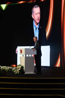 ANTALYA, TURKEY - 19 Haziran 2021: Türkiye Cumhurbaşkanı Recep Tayyip Erdoğan, diplomasiyle ilgilenen profesyonellerin üst düzey bir toplantısı olan Antalya Diplomasi Forumu 'nda