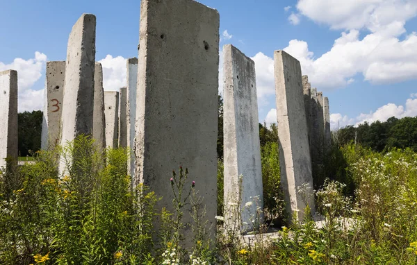 Régi Betontáblák Állnak Egy Nyári Napsütéses Napon Mezőn Régi Befejezetlen — Stock Fotó