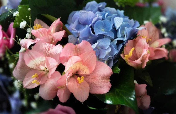 青い紫陽花やピンクのアロステミアなど様々な花々のお祝いの花束 — ストック写真