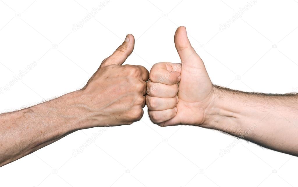 Two men bumping fists with thumbs up
