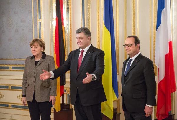 Angela Merkel, Petro Poroshenko e François Hollande — Fotografia de Stock