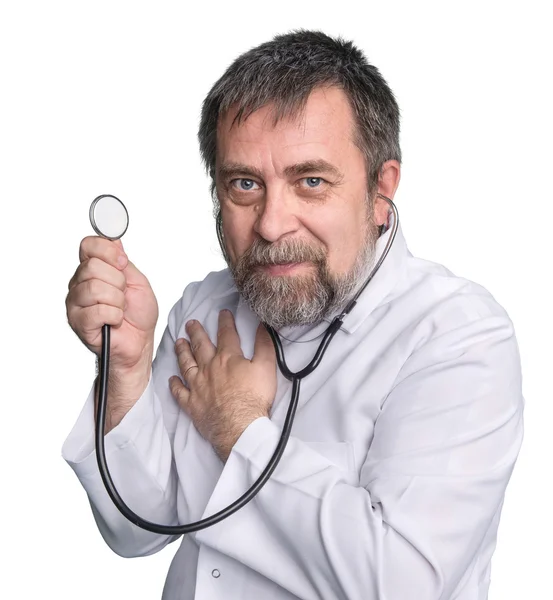 Médico louco com um estetoscópio — Fotografia de Stock