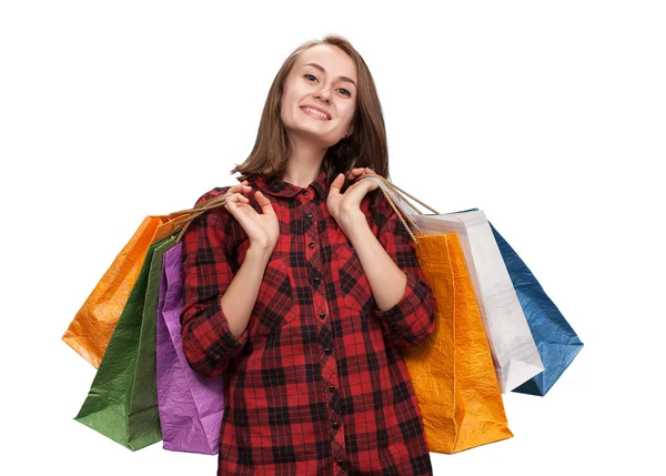 Mujer joven con bolsas de compras — Foto de Stock