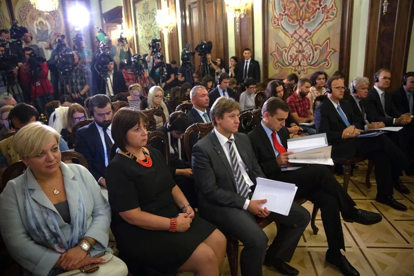 Pressekonferenz von christine lagarde und petro poroschenko — Stockfoto