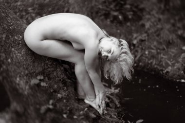 Sarışın genç bir kadın, açık havada çıplak poz verir. Karanlık suyun yanındaki bir ağaç gövdesinin yanında çömelir..