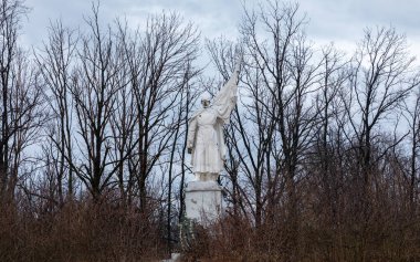 Bilinmeyen Asker 'in hasarlı beyaz heykeli Kharkiv bölgesinde bir heykel üzerinde duruyor. Rakam bir bayrak taşıyor ve çatışmayla ilgili yıkım belirtileri gösteriyor.