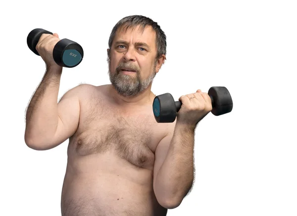 Anciano gordo ejercicio con mancuernas —  Fotos de Stock
