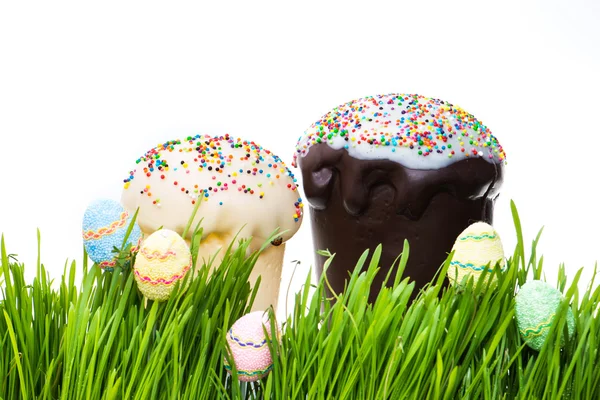 イースター ケーキと草の中に隠れてのイースターエッグ — ストック写真