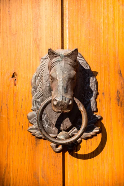 Doorknocker σε σχήμα αλόγου στο παλιά ξύλινη πόρτα — Φωτογραφία Αρχείου