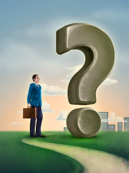 Businessman standing on a path, close to a big question mark — Stock Photo, Image