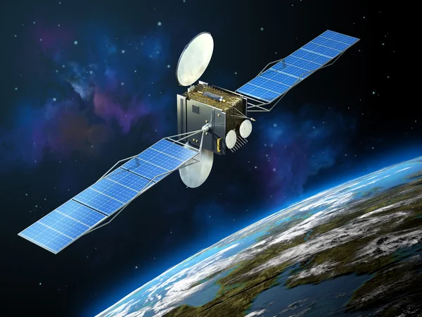 Moderno satellite di comunicazione galleggiante nello spazio — Foto Stock
