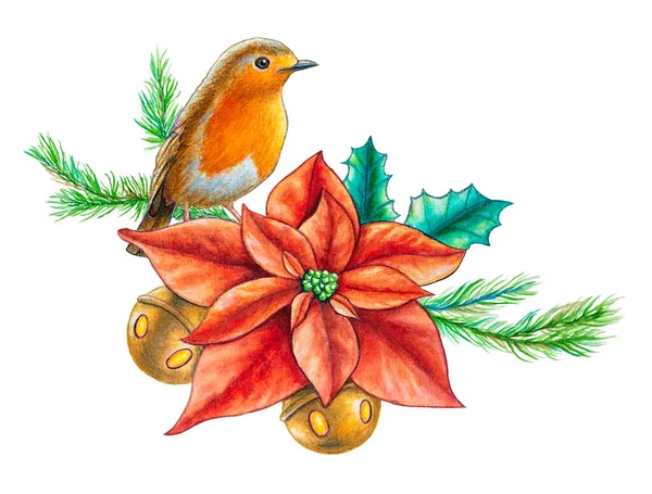 Avrupalı Bir Robin Suluboya Noel Kompozisyonu Geleneksel Suluboya Çizimi — Stok fotoğraf