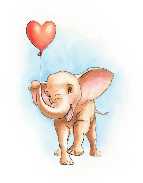 Cute Elephant Holding Heart Shaped Balloon Watercolor Illustration Paper — Φωτογραφία Αρχείου