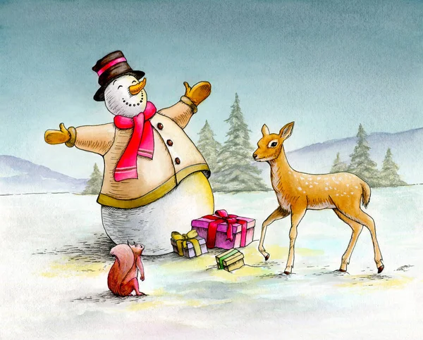 Snowman Giving Gifts Squirrel Fawn Traditional Watercolor Illustration — Stock Photo, Image