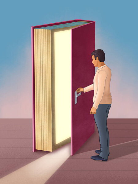 Молодой человек использует книгу как дверь, чтобы получить доступ к новым возможностям. Цифровая иллюстрация.