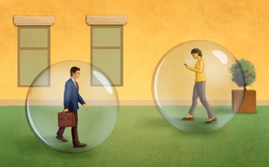 People carrying on their daily activities protected by a big transparent bubble. Digital illustration. clipart