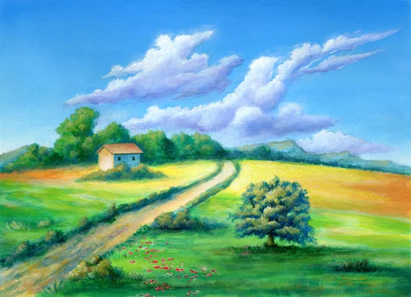 Path Crossing Colorful Rural Landscape Acrylic Illustration Paper — Stock Photo, Image