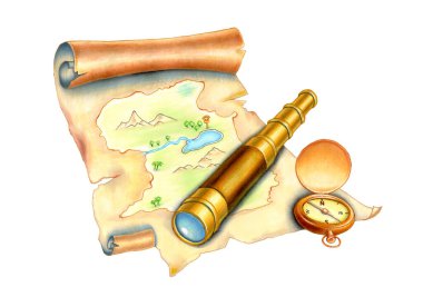 Pusula ve teleskoplu eski ada haritası. Karışık ortam illüstrasyonu.