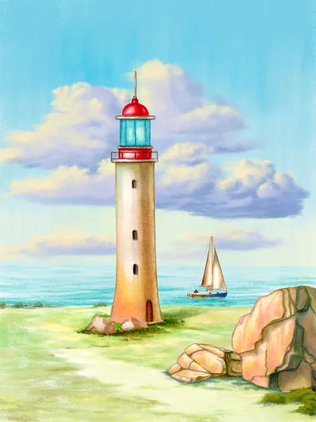 Lazy Summer Afternoon Lighthouse Seascape Mixed Media Illustration — Stock Photo, Image