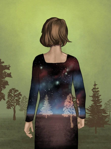 Dívka Stojící Kraji Lesa Její Šaty Jsou Oknem Noční Krajiny — Stock fotografie