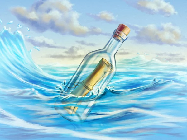 Message in a bottle, floating in a stormy sea. Digital illustration.