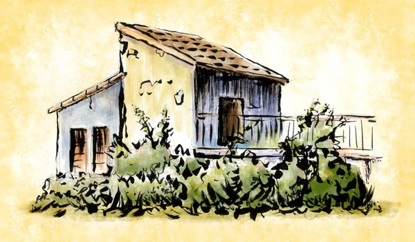 Pincel Tinta Esboço Aquarela Edifício Rural Ilustração Tradicional Sobre Papel — Fotografia de Stock