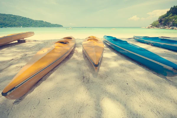 Barcos de pesca en la playa de palmeras —  Fotos de Stock