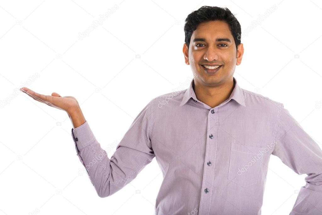 businessman pointing at invisible product