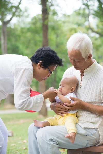 アジアの祖父母が孫と遊ぶ — ストック写真