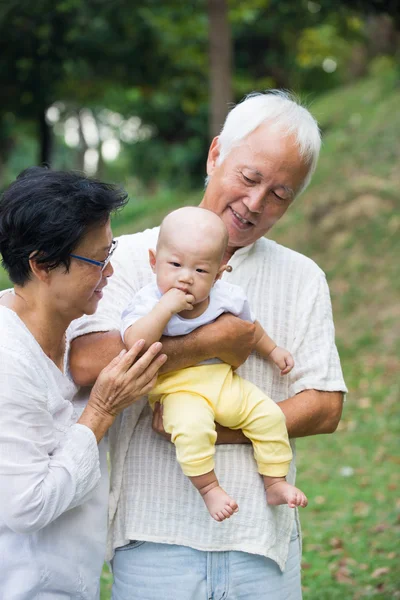 Бабушка и дедушка из Азии играют с внучкой — стоковое фото