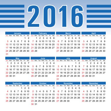 2016 takvim İngilizce