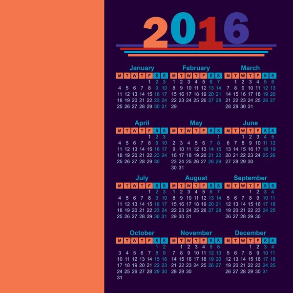 Kalendář pro rok 2016 v angličtině — Stockový vektor