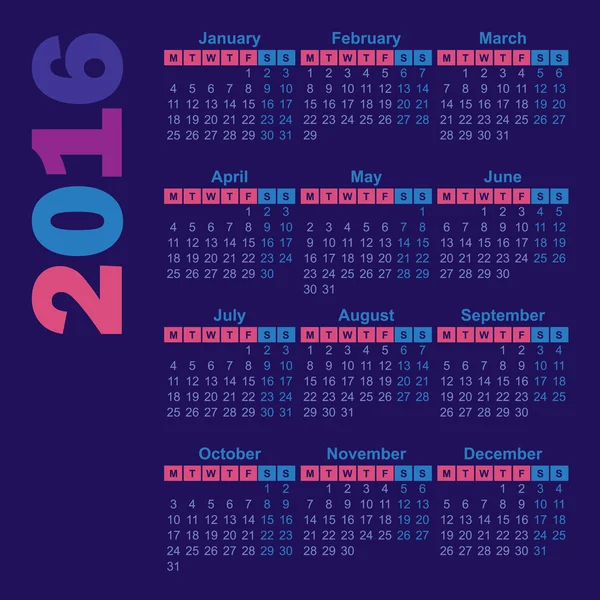 2016 ano calendário em inglês — Vetor de Stock
