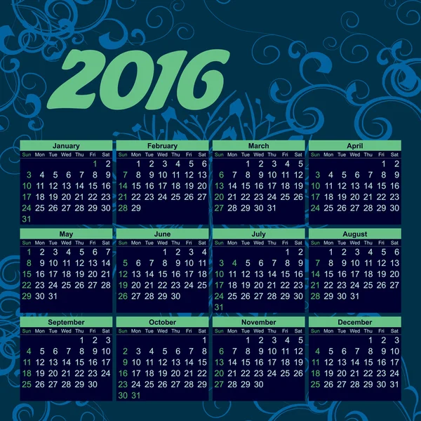 Календар на 2016 рік англійською — стоковий вектор