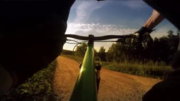 Mountainbiken bergafwaarts. uitzicht vanaf biker. — Stockvideo