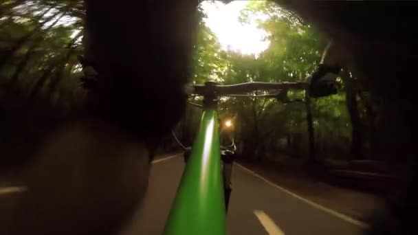 Ciclismo de montaña colina abajo. Vista desde el motorista . — Vídeo de stock