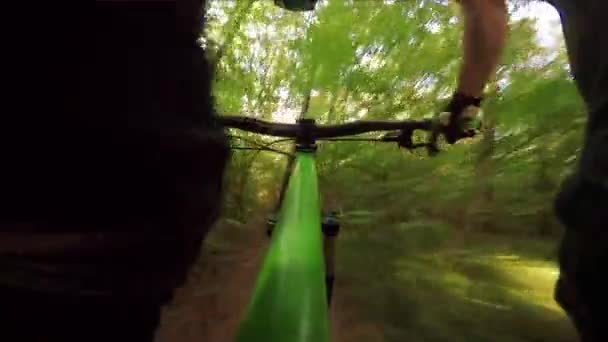 Mountain biking down hill. View from biker. — Stock Video